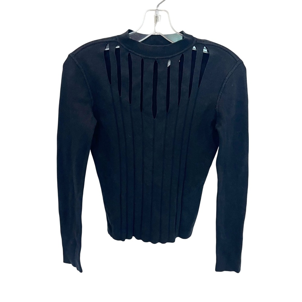 Vintage 90s Cache Silk Cutout Ribbed Knit Top Black Long Sleeve Mock Neck SMALL